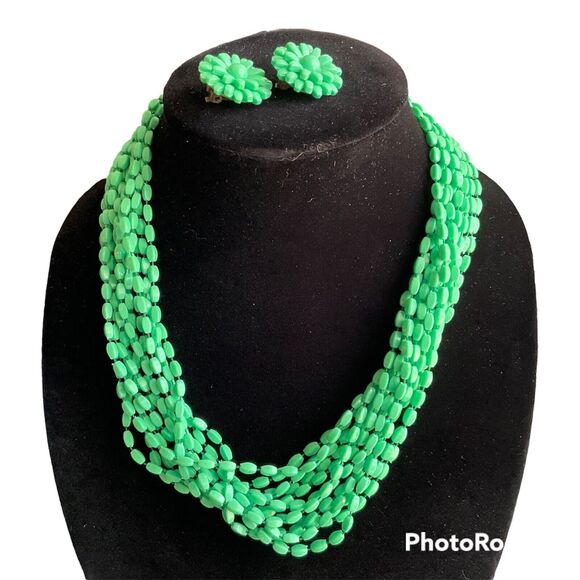 Mid-Century Japan Rice Bead Set – Green Necklace & Matching Earrings - Picture 1 of 5